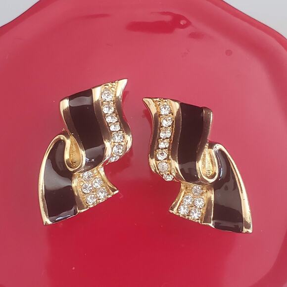 Swarovski Black Ribbon Crystal Clip-On Earrings Enamel Swan Signed Gold Plate - Picture 4 of 6